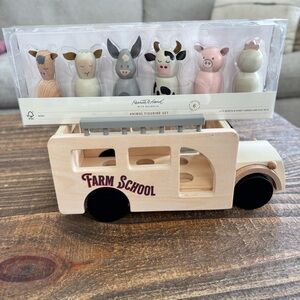 Hearth & Hand Magnolia Wooden Toy Farm School Bus and Wooden Farm Animals Set